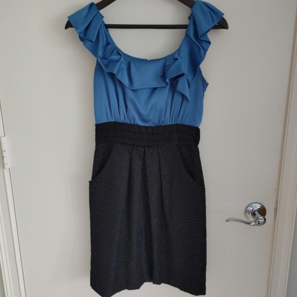 Max & Cleo Dress with Pockets - Blue Satin and Black Pattern - Size 2